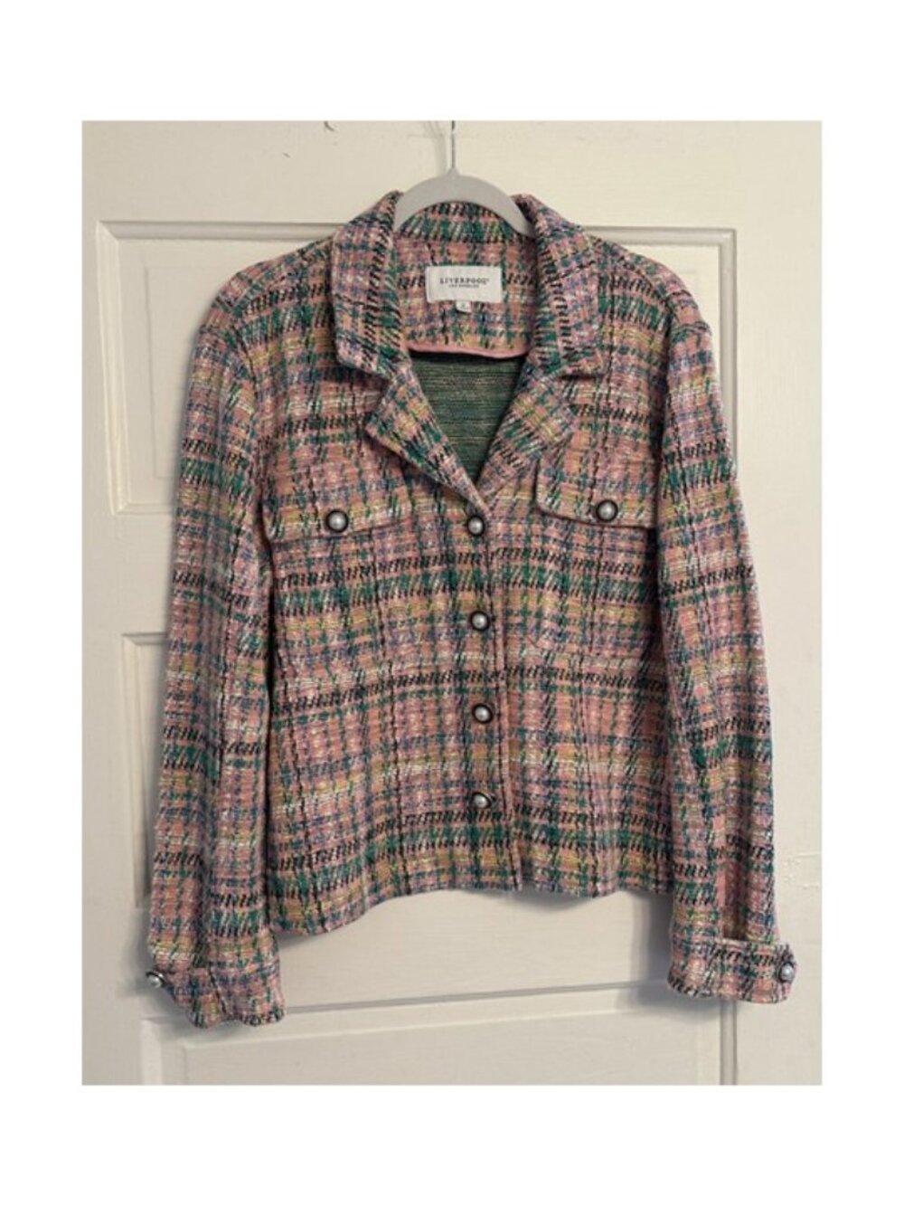 Liverpool Los Angeles. Pink and Green Gingham Plaid Patterned Jacket. Size M.